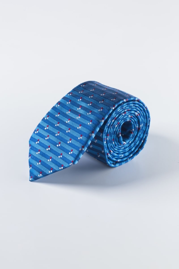 Plava prugasta svilena kravata s točkastim uzorkom