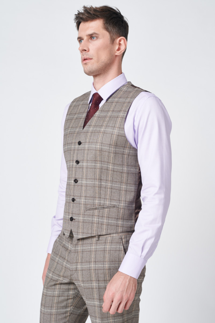 Varteks Brown plaid suit waistcoat - Regular fit